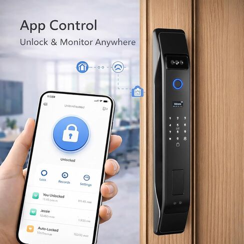 3D Face Recognition Smart Door Lock with Video Intercom, Tuya App Remote Access, Biometric Fingerprint & Palm Print Unlock, Heavy Duty Aluminum Mortise Lock for Home & Office (Black) in Saudi Arabia