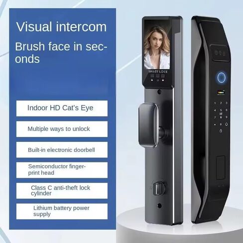 3D Face Recognition Smart Door Lock with Video Intercom, Tuya App Remote Access, Biometric Fingerprint & Palm Print Unlock, Heavy Duty Aluminum Mortise Lock for Home & Office (Black) in Saudi Arabia