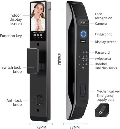 3D Face Recognition Smart Door Lock with Video Intercom, Tuya App Remote Access, Biometric Fingerprint & Palm Print Unlock, Heavy Duty Aluminum Mortise Lock for Home & Office (Black) in Saudi Arabia