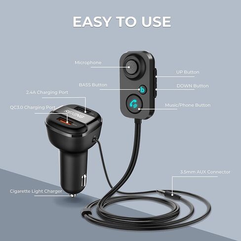 جهاز استقبال بلوتوث صغير Rexing AUX2 للسيارة مع بلوتوث 5.1، USB مزدوج، شحن سريع 3.0، جهير محسن، طقم سيارة AUX 3.5 ملم مع ميكروفون ستيريو للسيارة لإجراء مكالمات بدون استخدام اليدين، سيري ومساعد جوجل in Saudi Arabia