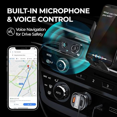 جهاز استقبال بلوتوث صغير Rexing AUX2 للسيارة مع بلوتوث 5.1، USB مزدوج، شحن سريع 3.0، جهير محسن، طقم سيارة AUX 3.5 ملم مع ميكروفون ستيريو للسيارة لإجراء مكالمات بدون استخدام اليدين، سيري ومساعد جوجل in Saudi Arabia