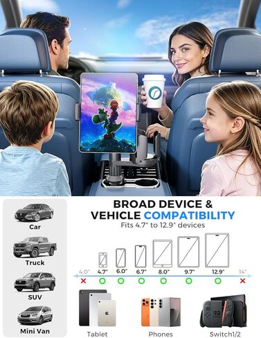 eSamcore Tablet Holder for Car Cup Holder Mount, 14" Height Adjustable iPad Holder for Truck, Cupholder Tablet Stand with Extra Drink Holder, Fits iPad Pro Air Mini, iPhone 17 16 Pro Max, Galaxy Tab in Saudi Arabia