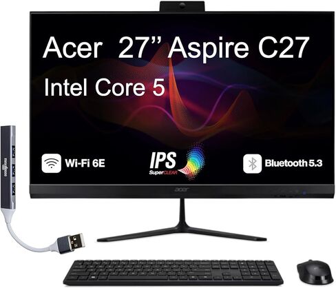 كمبيوتر مكتبي Acer Aspire C27 الكل في واحد، شاشة IPS FHD مقاس 27 بوصة (Intel Core 5 120U، 16 جيجابايت DDR5، 1 تيرابايت PCIe SSD، Wi-Fi 6E، كاميرا ويب، لوحة مفاتيح وماوس لاسلكيين، بلوتوث 5.3، Win 11 Home) مع موزع USB in Kuwait