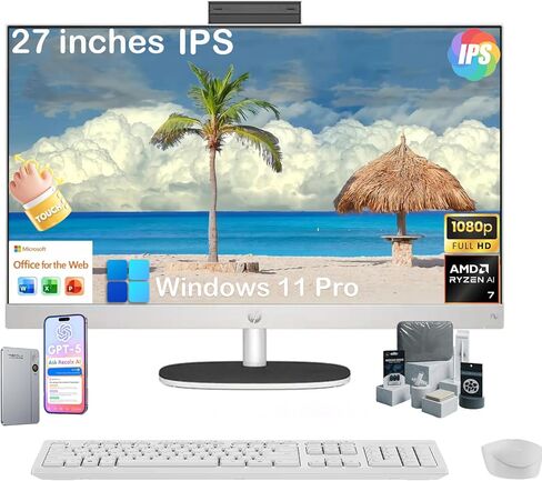 HP 27" Touchscreen All-in-One Desktop Computer, AMD Ryzen AI 7 350 (Up to 5.0GHz), 32GB DDR5 RAM, 2T SSD, FHD IPS Display, WiFi6, Bluetooth 5.4, Windows 11 Pro, Copilot+ AI PC, KB & Mouse, Accessories in Saudi Arabia