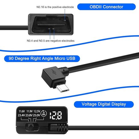 XMSJSIY OBD Power Cable for Dash Camera 90 Degree Right Angle Micro USB to OBD Parking Monitor Cable 12V-24V to 5V Dash Cam Hardwire Kit with Voltage Display and Low Voltage Protection - 3.5M/11.48FT in Saudi Arabia