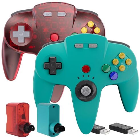 2 Pack Wireless N64 Controller Made for Switch 1 & 2, N64 Console, Wireless 2.4 GHz Receivers Compatible with Switch Online, Windows PC, macOS (Built-in Vibration) (Rechargeable) Cyan/Clear Red in Saudi Arabia
