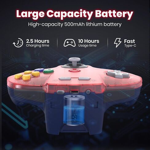 2 Pack Wireless N64 Controller Made for Switch 1 & 2, N64 Console, Wireless 2.4 GHz Receivers Compatible with Switch Online, Windows PC, macOS (Built-in Vibration) (Rechargeable) Cyan/Clear Red in Saudi Arabia