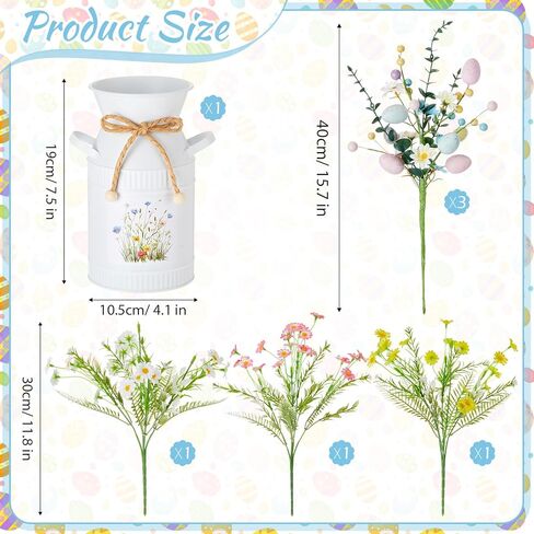 Yinder 7 Pcs Easter Artificial Flower Centerpiece Decoration with Vase, Daisy Bouquet Faux Egg Berry Pick, Spring Floral Arrangement for Party Home(Green,Easter) in Saudi Arabia
