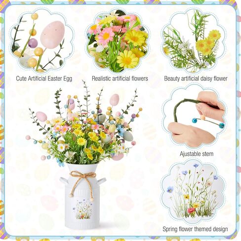 Yinder 7 Pcs Easter Artificial Flower Centerpiece Decoration with Vase, Daisy Bouquet Faux Egg Berry Pick, Spring Floral Arrangement for Party Home(Green,Easter) in Saudi Arabia