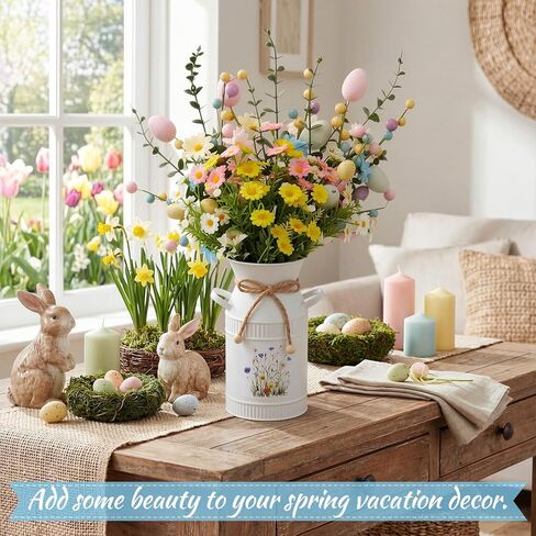 Yinder 7 Pcs Easter Artificial Flower Centerpiece Decoration with Vase, Daisy Bouquet Faux Egg Berry Pick, Spring Floral Arrangement for Party Home(Green,Easter) in Saudi Arabia