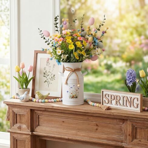 Yinder 7 Pcs Easter Artificial Flower Centerpiece Decoration with Vase, Daisy Bouquet Faux Egg Berry Pick, Spring Floral Arrangement for Party Home(Green,Easter) in Saudi Arabia