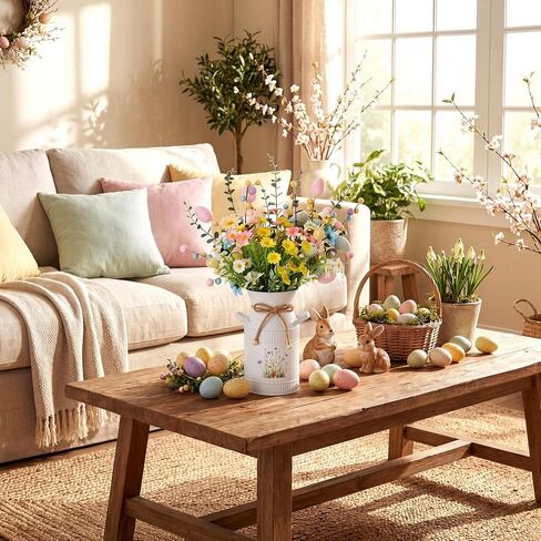 Yinder 7 Pcs Easter Artificial Flower Centerpiece Decoration with Vase, Daisy Bouquet Faux Egg Berry Pick, Spring Floral Arrangement for Party Home(Green,Easter) in Saudi Arabia