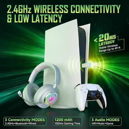 Wireless Gaming Headset for PS5 PS4 PC Switch Mac - 2.4GHz USB/Type-C & Bluetooth 5.4 RGB Headphones with 100H Battery, 7.1 Surround Sound, Noise Cancelling Mic & 3 Audio Modes (HiFi/Music/Game) in Saudi Arabia