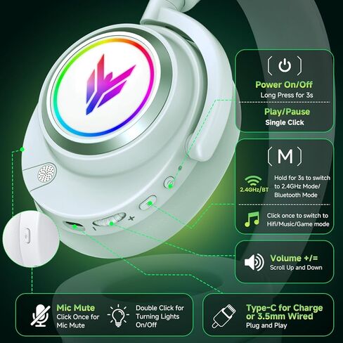 Wireless Gaming Headset for PS5 PS4 PC Switch Mac - 2.4GHz USB/Type-C & Bluetooth 5.4 RGB Headphones with 100H Battery, 7.1 Surround Sound, Noise Cancelling Mic & 3 Audio Modes (HiFi/Music/Game) in Saudi Arabia