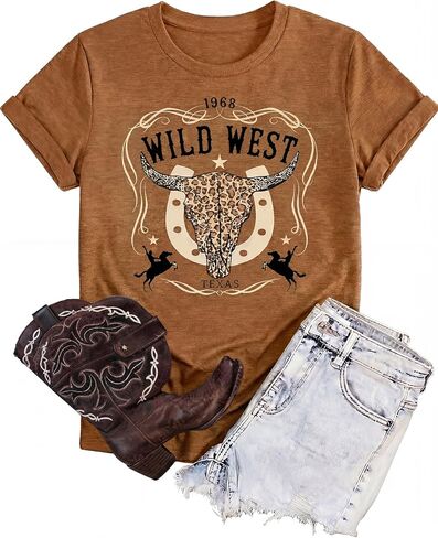Western Shirts for Women Vintage Cow Skull Rodeo Graphic Tee Tops Short Sleeve Crewneck Funny Cowgirl Country Concert T Shirt in Saudi Arabia