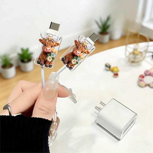2pcs Acrylic Adorable Highland Cow Cable Protector, Type-C Compatible, Anti-Break Data Cable Cover, Beautiful and Durable Charging Cable Protective Case, Perfectly Ideal in Saudi Arabia