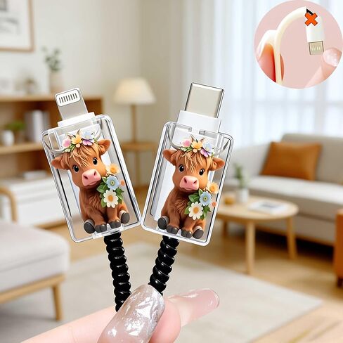 2pcs Acrylic Adorable Highland Cow Cable Protector, Type-C Compatible, Anti-Break Data Cable Cover, Beautiful and Durable Charging Cable Protective Case, Perfectly Ideal in Saudi Arabia