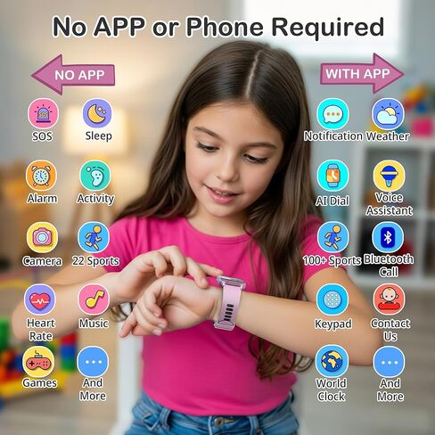 Kids Waterproof Smart Watch Girls with Fitness Tracker Sports Activity Pedometer Heartrate SpO2 Stress Monitor Flashlight APP HD Touch Screen Camera Games Music for 4-13 Year Old Girls Gifts for Kids in Saudi Arabia