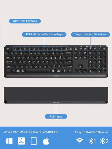 PHILIPS Bluetooth Keyboard and Mouse Combo, Ergonomic Design with Wrist Rest for Computer Keyboard, Bluetooth/2.4Ghz 3-Device Connectivity, Wireless Keyboard and Mouse Set for Windows/Android, Black in Saudi Arabia