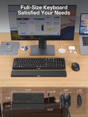 PHILIPS Bluetooth Keyboard and Mouse Combo, Ergonomic Design with Wrist Rest for Computer Keyboard, Bluetooth/2.4Ghz 3-Device Connectivity, Wireless Keyboard and Mouse Set for Windows/Android, Black in Saudi Arabia