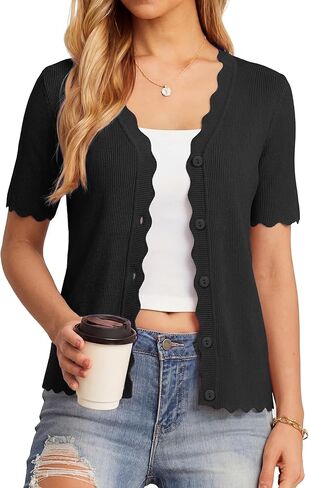 Newshows Women's Knit Scalloped Cardigan 2026 Summer Casual Button Down V Neck Short Sleeve Sweater in Saudi Arabia