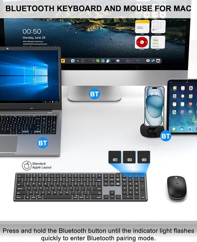 مجموعة لوحة مفاتيح وماوس بلوتوث لجهاز Mac، ماوس لوحة مفاتيح لاسلكي قابل لإعادة الشحن، اتصال متعدد الأجهزة، مفاتيح هادئة، إطار معدني، للسفر والمكتب، متوافق مع MacBook Pro/Air، iPad، iPhone in Kuwait
