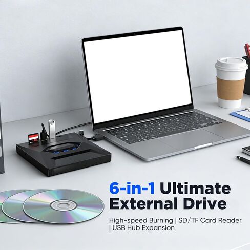 SakerPlus 7-in-1 External USB DVD Drive, USB 3.0/Type-C Portable DVD/CD/VCD Burner Reader Writer with USB Hub, SD/TF Card Reader, 6X High-Speed Optical Drive for Laptop/Desktop (1-Pack) in Saudi Arabia