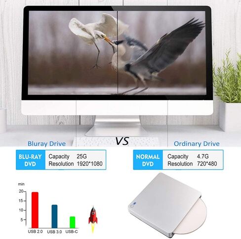 محرك أقراص Blu Ray DVD خارجي ثلاثي الأبعاد، USB 3.0 وType-C Blu Ray CD DVD، ناسخ أقراص DVD فائق النحافة مع لمسة ذكية متوافقة مع Windows XP/7/8/10، Mac OS لأجهزة MacBook، والكمبيوتر المحمول، والكمبيوتر الشخصي in Kuwait