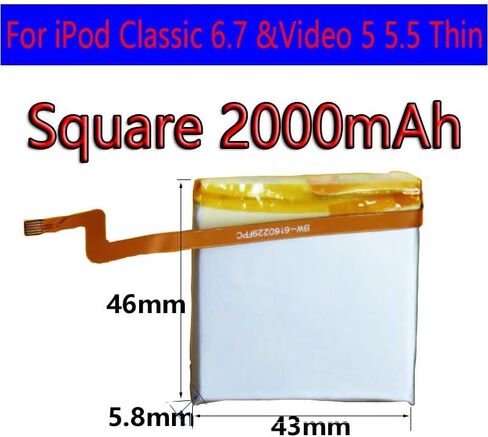 2000mAh Square Battery Upgrade SSD Replacement for iPod Classic 6th 80GB 120GB Thin 7th 160GB and Video 5th 5.5 th 30GB Thin Version(Use Iflash Quad and iFlash Solo and Half Size SSD) in Saudi Arabia