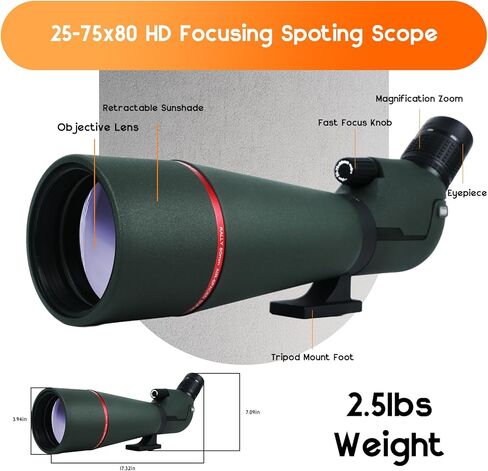 نطاق اكتشاف عالي الدقة 25-75x80 - BAK4 بريزم مملوء بالنيتروجين مع محول الهاتف، وحقيبة حمل للتصويب على الهدف، والصيد، ومشاهدة الطيور، ومشاهدة الحياة البرية - تلسكوب مقاوم للماء للضفدع in Kuwait