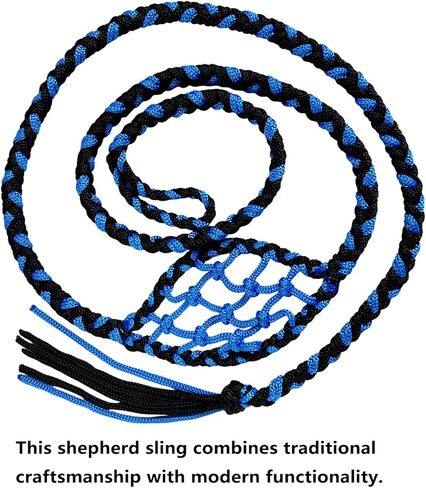 Paracord Handwoven 6-Strand Braided Shepherd Sling - Throwing Tool for Stones & Tennis Balls | Balearic Style Rock Launcher for Adults | Durable Design（Black Blue in Saudi Arabia