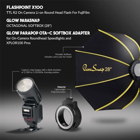 Flashpoint X100 TTL R2 على الكاميرا فلاش رأس مستدير Li-on لـ Fuji، مع توهج PS-B28K ParaSnap Octagonal Softbox (28 بوصة) in Kuwait
