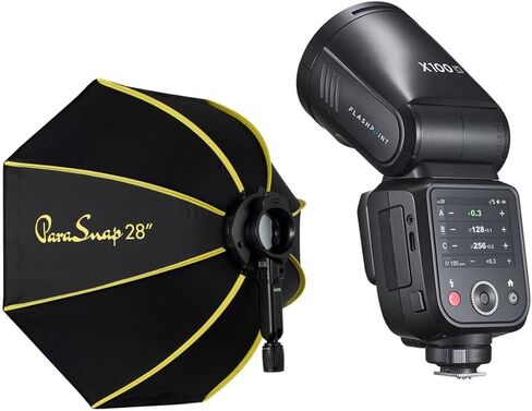 Flashpoint X100 TTL R2 على الكاميرا فلاش رأس مستدير Li-on لـ Fuji، مع توهج PS-B28K ParaSnap Octagonal Softbox (28 بوصة) in Kuwait