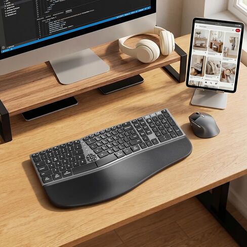 لوحة مفاتيح وماوس لاسلكي مريح من MEETION، منحني منقسم 2.4G وماوس لوحة مفاتيح بلوتوث، لوحة مفاتيح مبطنة كاملة الحجم لمسند راحة اليد، 4 ماوس DPI قابل للتعديل، متوافق مع Windows/Mac/PC/الكمبيوتر المحمول، أسود in Saudi Arabia
