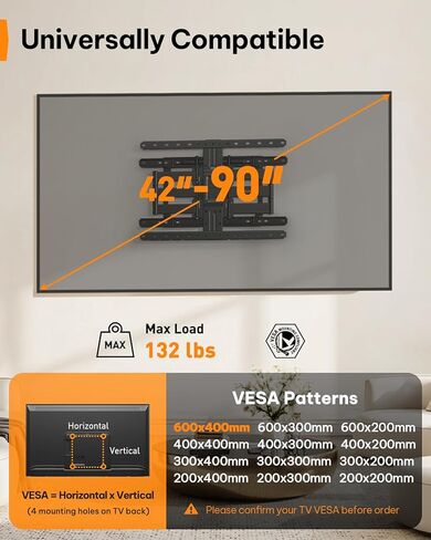 Perlegear Ultra Slim TV Wall Mount 1.1" Low Profile for 42-90" TVs, Fits 16"/24" Studs, Full Motion TV Mount Wall Bracket with Dual Articulating Arms, Swivel, Tilt, Max VESA 600x400mm, Holds 132lbs in Saudi Arabia