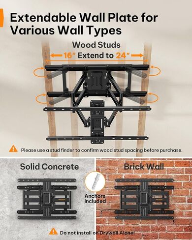 Perlegear Ultra Slim TV Wall Mount 1.1" Low Profile for 42-90" TVs, Fits 16"/24" Studs, Full Motion TV Mount Wall Bracket with Dual Articulating Arms, Swivel, Tilt, Max VESA 600x400mm, Holds 132lbs in Saudi Arabia