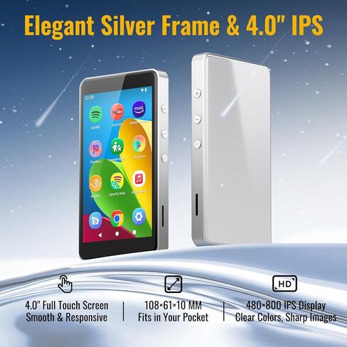 مشغل MP3 مع Spotify للأطفال، مشغل MP4 قائم على Android 14 مع متجر التطبيقات، أدوات الرقابة الأبوية، موسيقى Amazon، Libby، Audible، مشغل موسيقى 4.0 بوصة، سماعة أذن وبطاقة ذاكرة متضمنة (فضي) in Kuwait