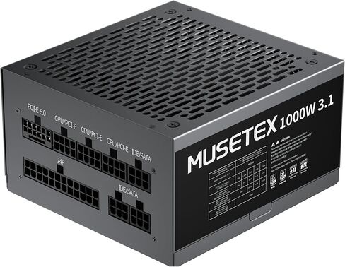 MUSETEX PC Power Supply 1000W، مزود طاقة ATX معياري كامل، ATX 3.1 وPCIE 5.0 مزود طاقة للألعاب، مكثفات رئيسية 105 درجة مئوية، مع كابل 12V-2x6، مروحة تبريد فائقة الهدوء 140 مم، PC PSU، (أسود) (MU1000) in Kuwait
