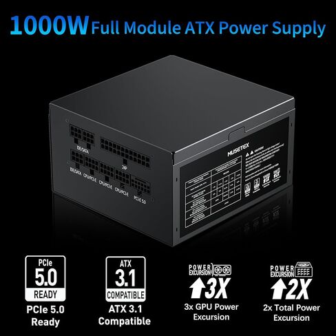 MUSETEX PC Power Supply 1000W، مزود طاقة ATX معياري كامل، ATX 3.1 وPCIE 5.0 مزود طاقة للألعاب، مكثفات رئيسية 105 درجة مئوية، مع كابل 12V-2x6، مروحة تبريد فائقة الهدوء 140 مم، PC PSU، (أسود) (MU1000) in Kuwait