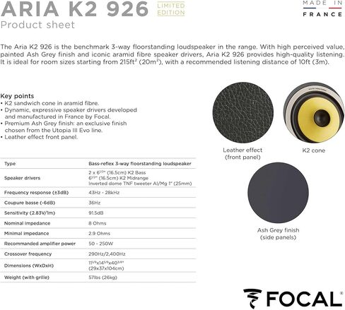 Focal Aria K2 926 Ash Grey (Limited Edition) 3-Way Floorstanding Audiophile Tower Speaker, (Pair) in Saudi Arabia