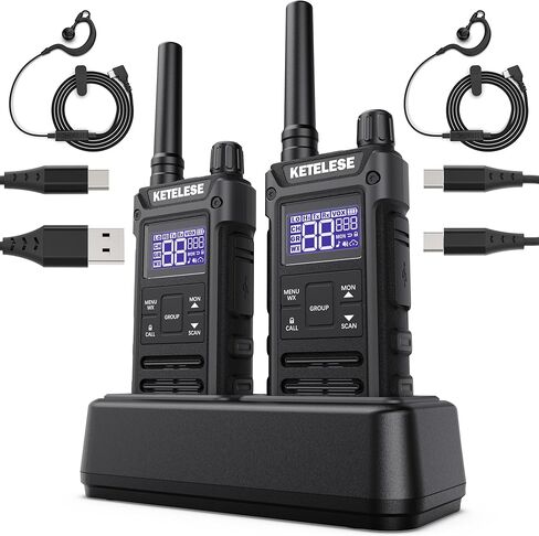 KETELESE T3G IP67 Waterproof Walkie Talkies Rechargeable, Heavy Duty 2 Way Radios with Earpiece and Mic, Dock, USB, NOAA Weather Alert, Group PTT (4 Pack), Black/Grey in Saudi Arabia
