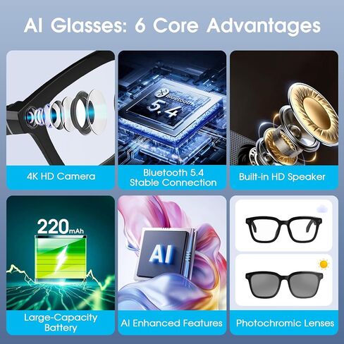 AI Smart Glasses with Camera, 8MP Camera Glasses for Men & Women, 4K HD Video Recording Glasses with AI Assistant, Object Recognition, Color-Change Lenses, Bluetooth Sunglasses for Travel/Vlog/Work in Saudi Arabia