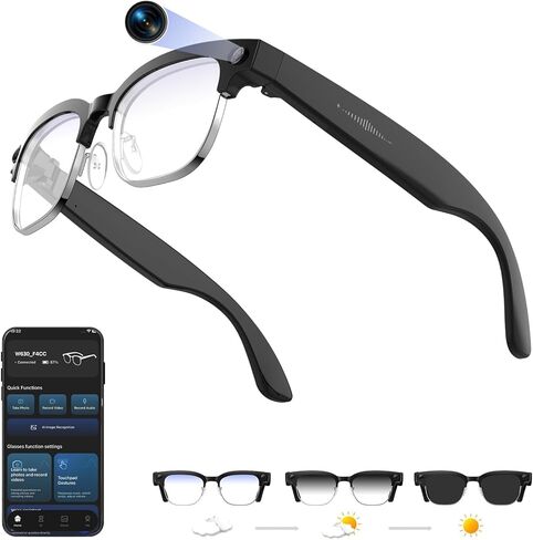 AI Smart Glasses with Camera, 8MPW Anti-Shake Bluetooth Camera Glasses, 1080P Video Recording Dual Mic Noise Reduction, Real Time Translation&Simultaneous Interpretation, 290mAh Capacity(W630) in Saudi Arabia