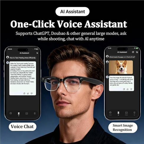 AI Smart Glasses with Camera, 8MPW Anti-Shake Bluetooth Camera Glasses, 1080P Video Recording Dual Mic Noise Reduction, Real Time Translation&Simultaneous Interpretation, 290mAh Capacity(W630) in Saudi Arabia