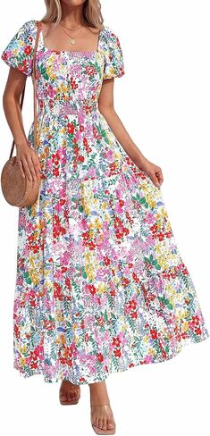 BTFBM Summer Dress for Women 2026 Spring Floral Short Sleeve Casual Flowy A-Line Smocked Tiered Maxi Dresses Pockets in Saudi Arabia