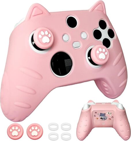 Pink Cute Cat Anti-Slip Protective Silicone Cover Skin Grips Compatible with Xbox Series X/S Controller with Stickers and 2 Thumb Paw Grip Caps in Saudi Arabia