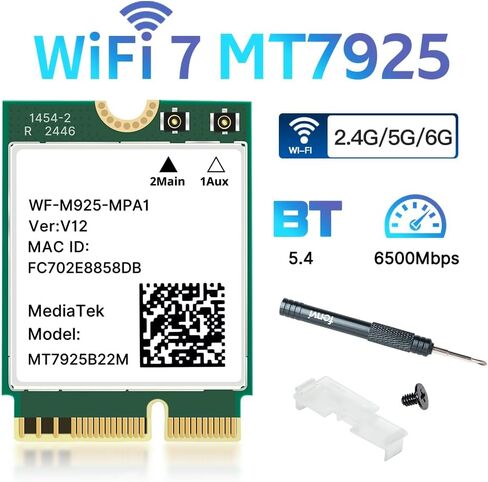 MT7925 WiFi 7 Card BE6500, M.2 2230 Wireless Network Card, Bluetooth 5.4, Tri-Band 6G/5G/2.4GHz, 802.11be OFDMA, Compatible with Intel/AMD, Windows 11/10 64-Bit in Saudi Arabia