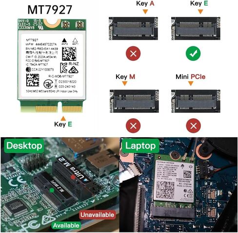 MT7927 WiFi 7 Card Tri-Band 802.11be محول لاسلكي، 2.4/5/6 جيجا هرتز مع بلوتوث 5.4 MU-MIMO، WPA3، M.2 Key E لأجهزة الكمبيوتر المحمول التي تعمل بنظام Windows 11، متوافق مع اللوحة الأم Intel وAMD in Kuwait