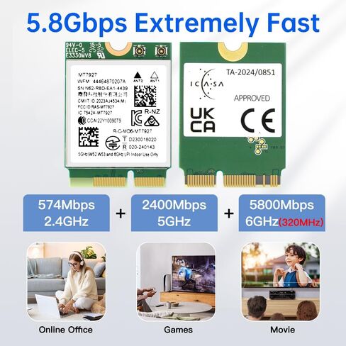 MT7927 WiFi 7 Card Tri-Band 802.11be محول لاسلكي، 2.4/5/6 جيجا هرتز مع بلوتوث 5.4 MU-MIMO، WPA3، M.2 Key E لأجهزة الكمبيوتر المحمول التي تعمل بنظام Windows 11، متوافق مع اللوحة الأم Intel وAMD in Kuwait