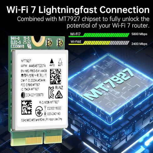 MT7927 WiFi 7 Card Tri-Band 802.11be محول لاسلكي، 2.4/5/6 جيجا هرتز مع بلوتوث 5.4 MU-MIMO، WPA3، M.2 Key E لأجهزة الكمبيوتر المحمول التي تعمل بنظام Windows 11، متوافق مع اللوحة الأم Intel وAMD in Kuwait